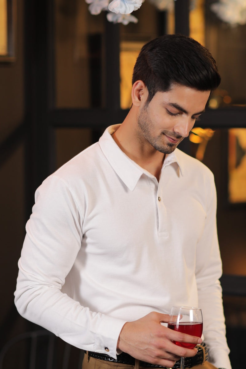 White Cotton Polo Shirt Full Sleeve – Frebano